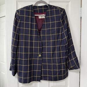 Kasper II for A.S.L. Women's Blue Window Pane Single Button Blazer Jacket XL